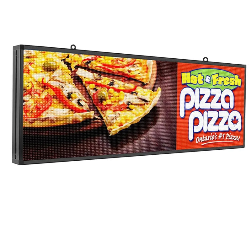A 39x14 inch full-color programmable LED advertising board displaying a pizza graphic.
