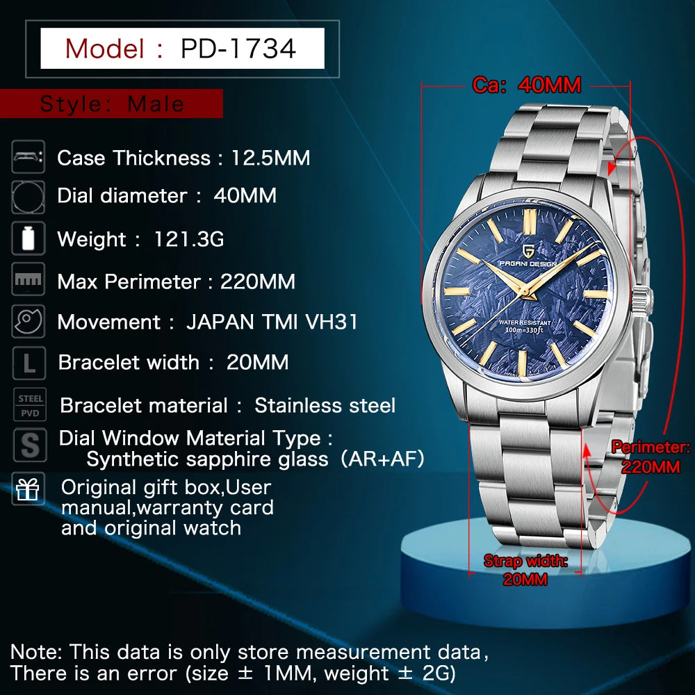 PAGANI DESIGN Men's 40mm Stainless Steel Quartz Watch, Blue Dial, Sapphire Crystal, VH31 Movement, 100m Water Resistant – view 3