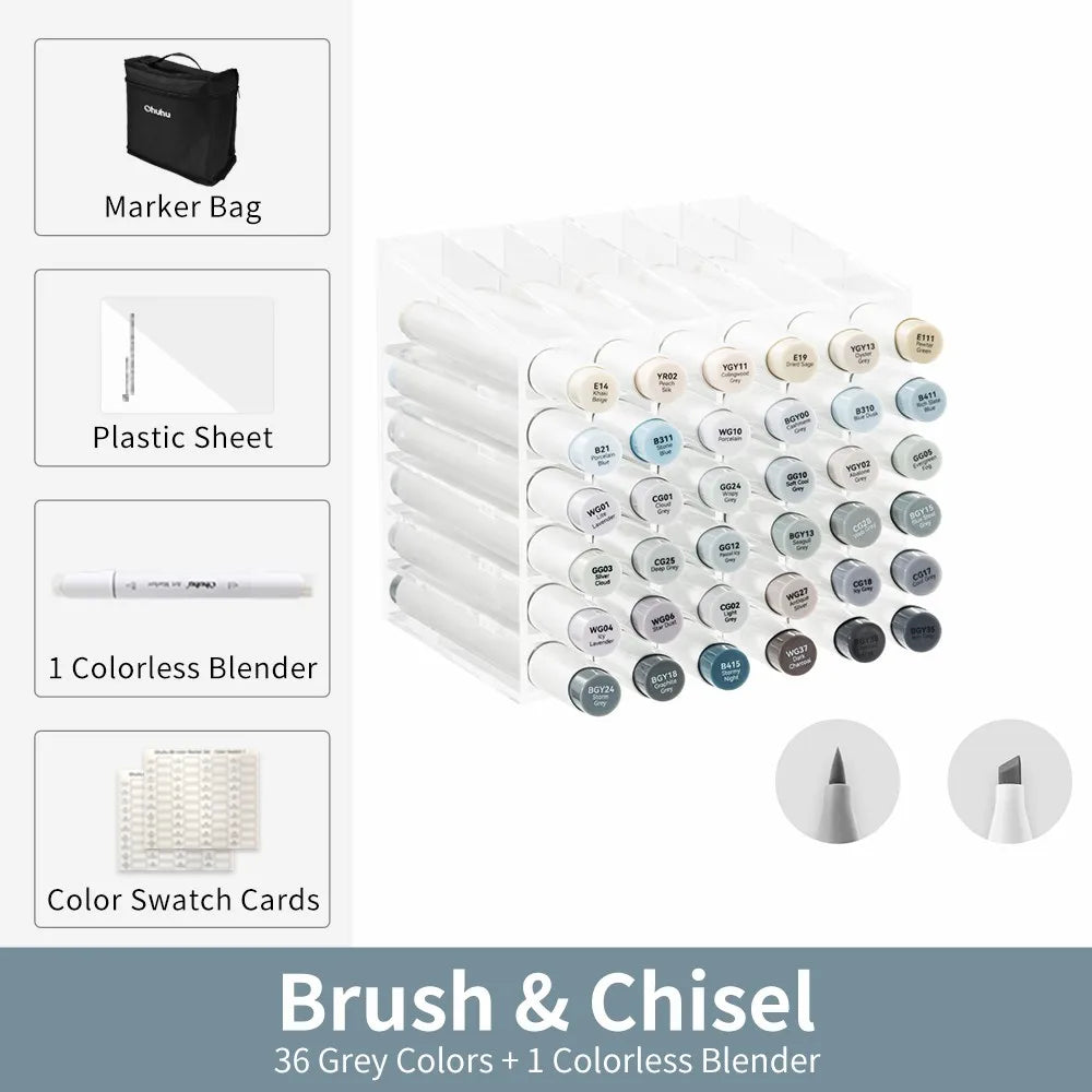 Ohuhu Honolulu Dual-Tip Alcohol Art Marker Set with Carrying Case – 36 Gray Tone Colors