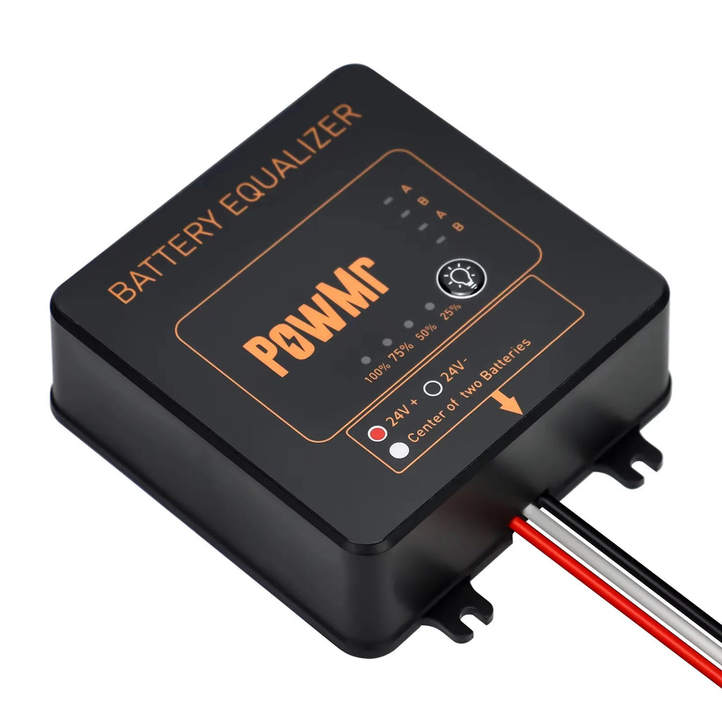 Top-down view of a black battery voltage equalizer device with clear status indicator lights and labels.