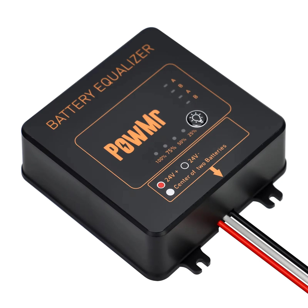 Top-down view of a black battery voltage equalizer device with clear status indicator lights and labels.