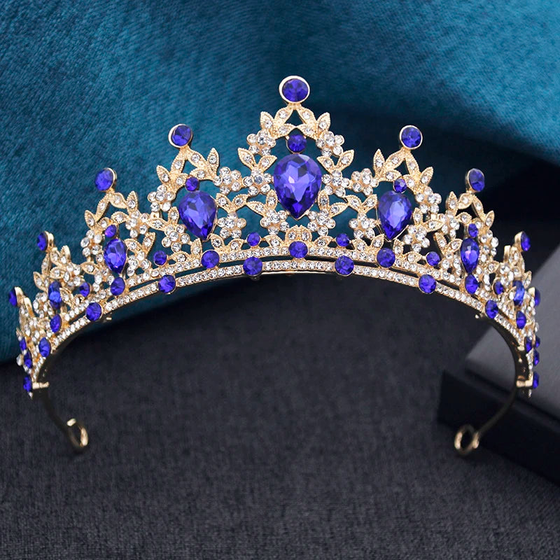 Princess Crown Bridal Tiara with Rhinestones, 13.5 cm Diameter – Blue