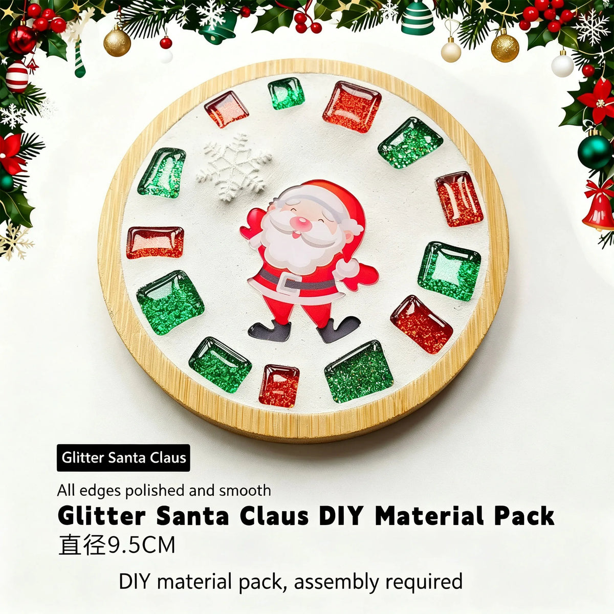 Handmade DIY Mosaic Cup Mat Kit with Bamboo Base and Glass Tiles – Santa Claus