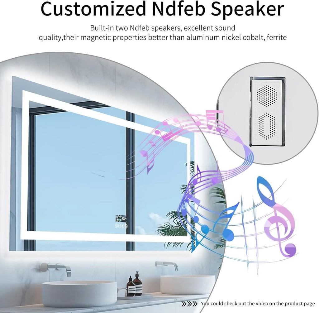 Smart LED bathroom mirror with built-in speakers and digital clock display