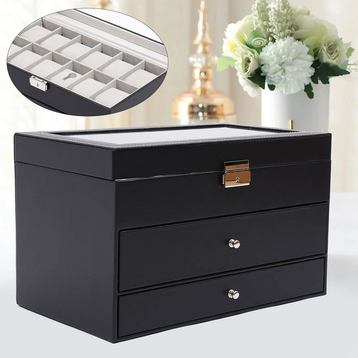 Black watch and jewelry organizer box with a glass top, featuring an inset view and decorative flowers.