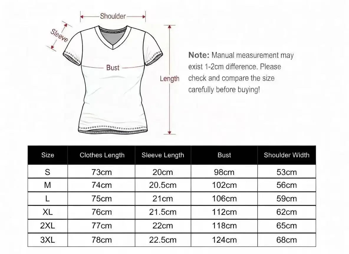 Size chart for women's v-neck t-shirt