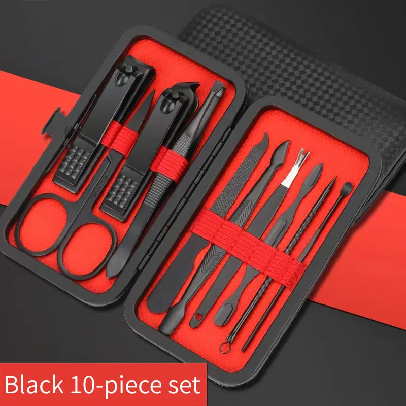 Nail Clipper Set with Carbon and Stainless Steel Manicure Tools – Black 10-piece set