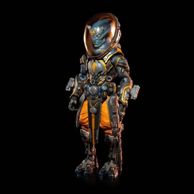 Cosmic Legions space alien action figure with orange pants and dome helmet, side angle view