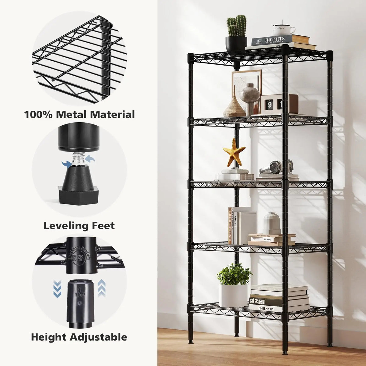 Close-up views of the 5-tier wire shelf construction, showing leveling feet, adjustable height, and metal material details.