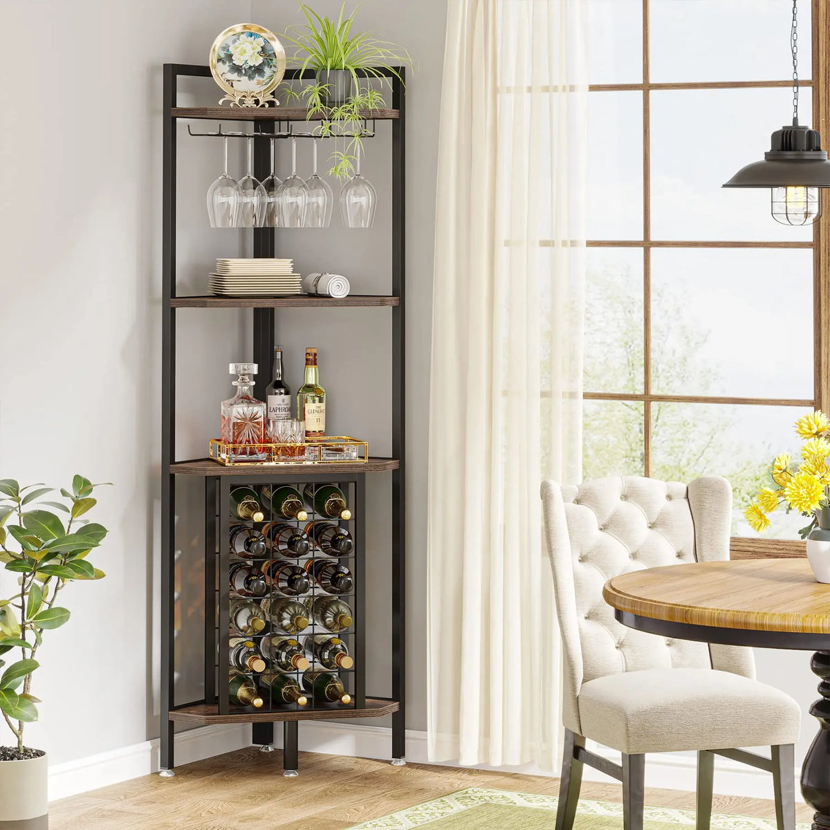 A dark wood and metal corner storage shelf for wine bottles and glassware near a dining table.