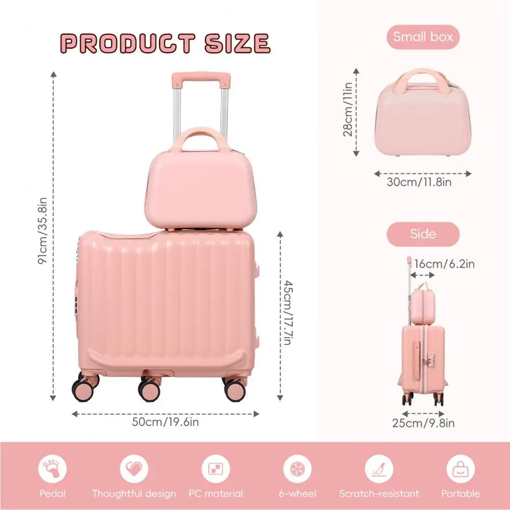 Technical specification chart for a pink ride-on kids luggage set with dimensions.