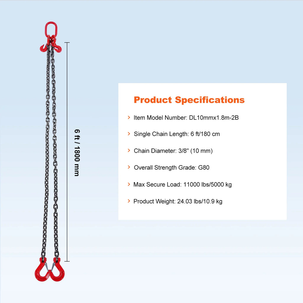 SucceBuy 3T 2-Leg Chain Sling, 6 ft, G80 Steel Lifting Chain with Grab Hooks – 10mm