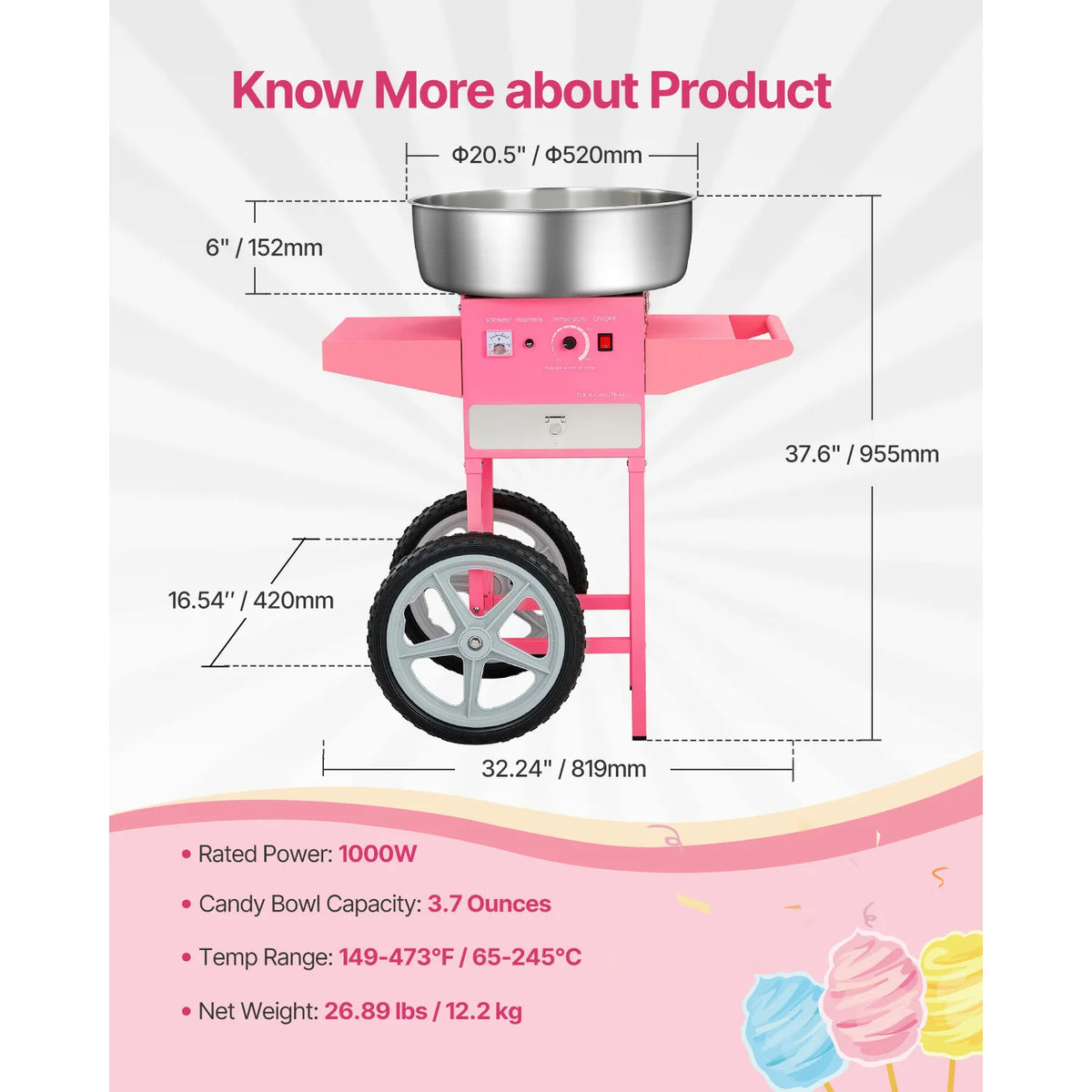 Electric Cotton Candy Machine with Cart, 1000W, 20.5-inch Stainless Bowl – Pink