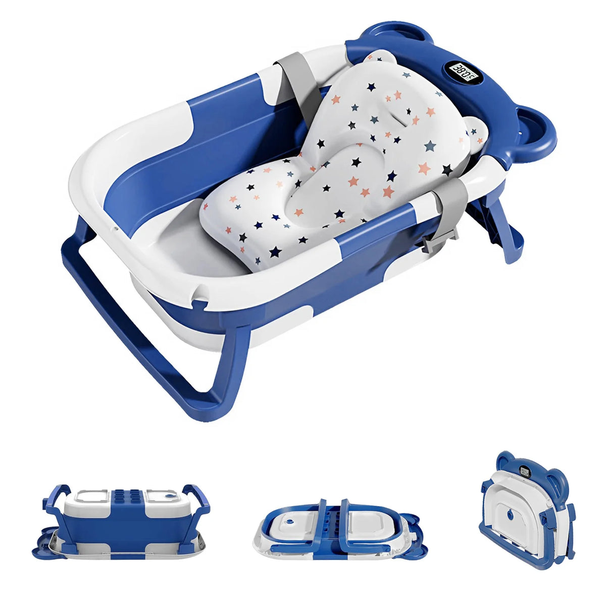 Collapsible Baby Bathtub with Thermometer and Floating Cushion – Blue