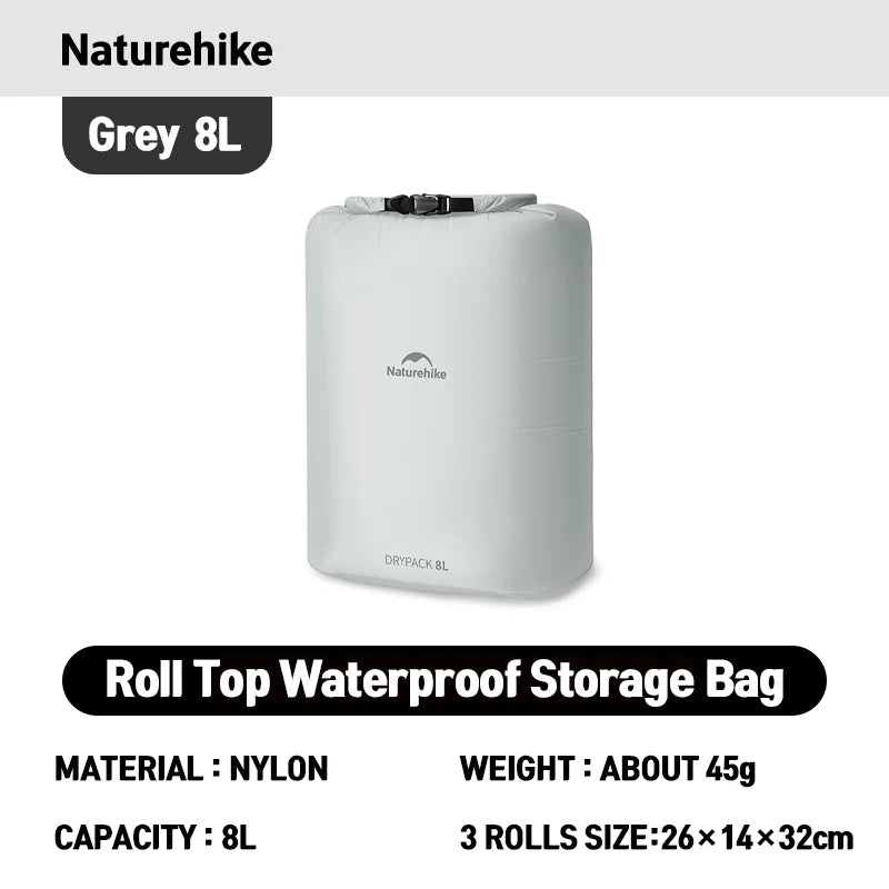Naturehike Rolled Waterproof Storage Bag - Lightweight Compression Organizer – Grey 8L New