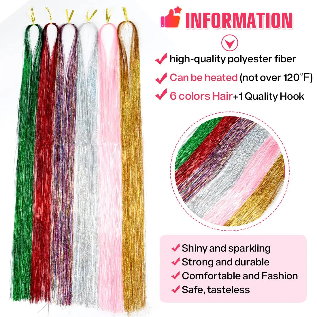 Set of multi-colored hair tinsel strands with information text about product quality