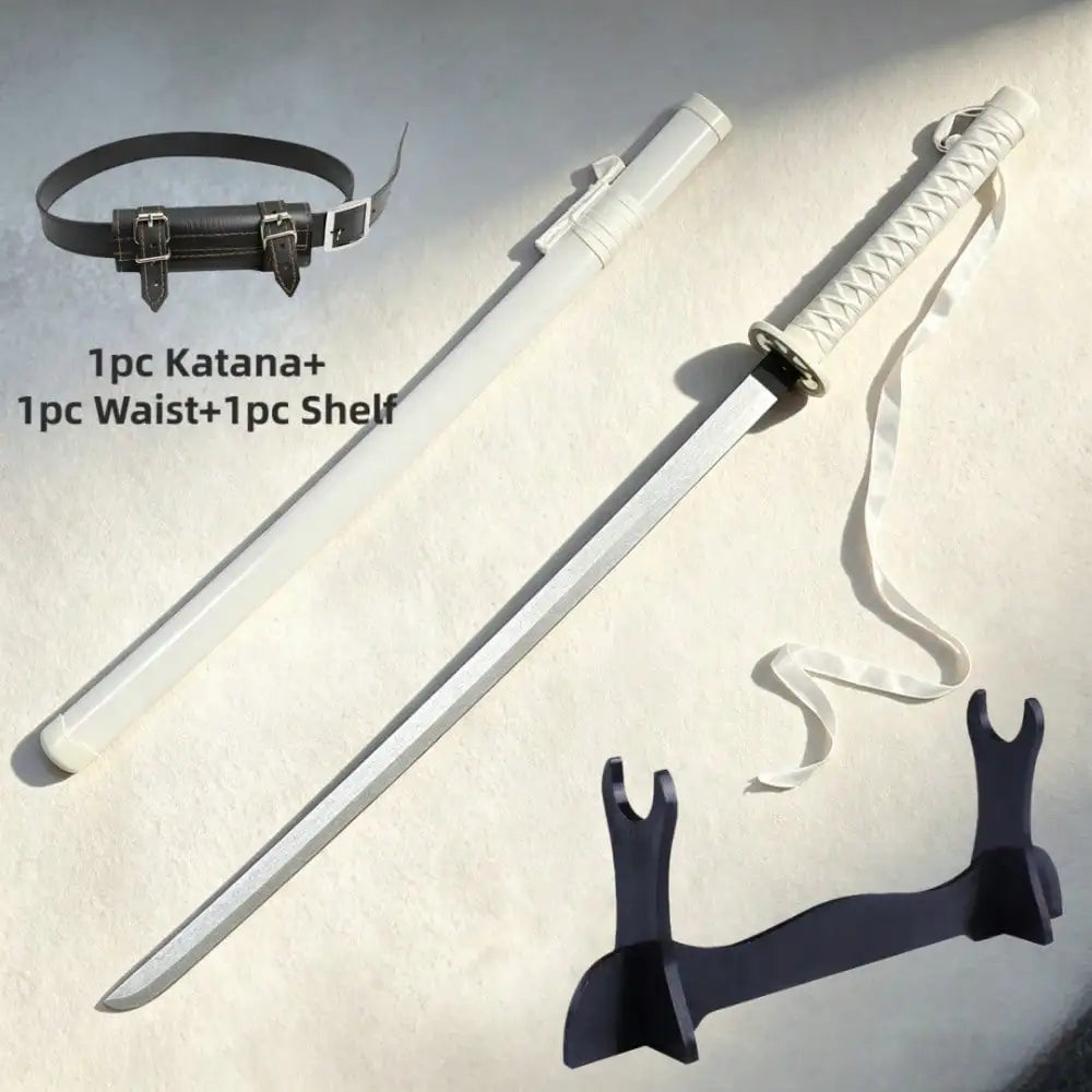 White katana sword set including display stand and waist belt on a plain background