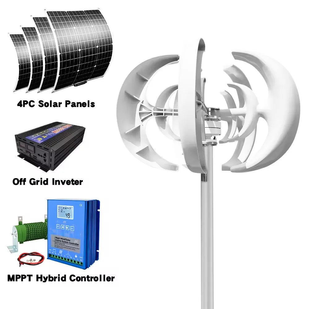 5000W 48V Vertical Axis Wind Turbine Generator with 3-Blade Design – With Solar System
