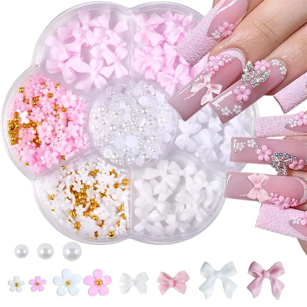 3D Bowknot Nail Art Decorations with Steel Beads and Pearls, 7-Grid Box – ZP180