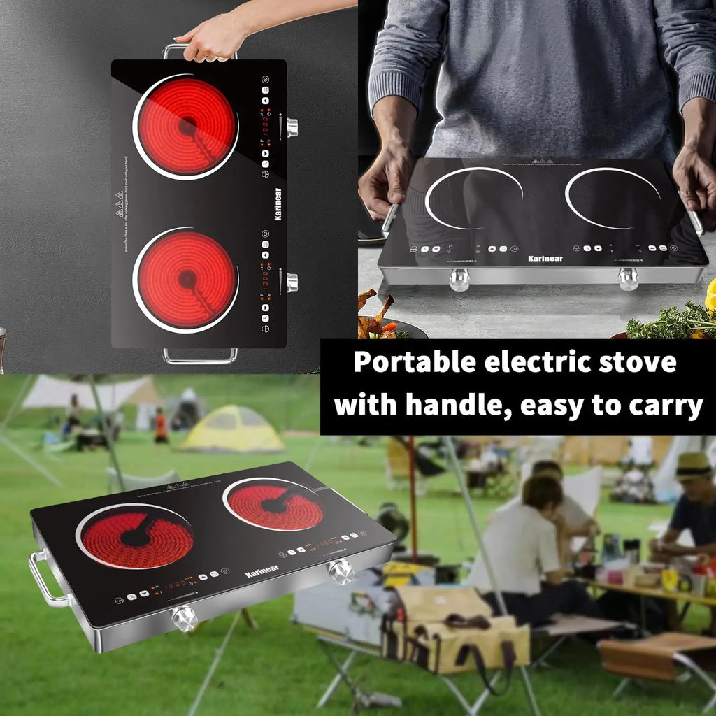 Portable double burner electric hob shown in kitchen and outdoor settings with handles