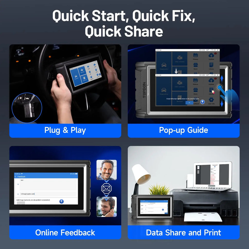User interface features of a car diagnostic tool including plug-and-play setup, pop-up guides, and data printing.
