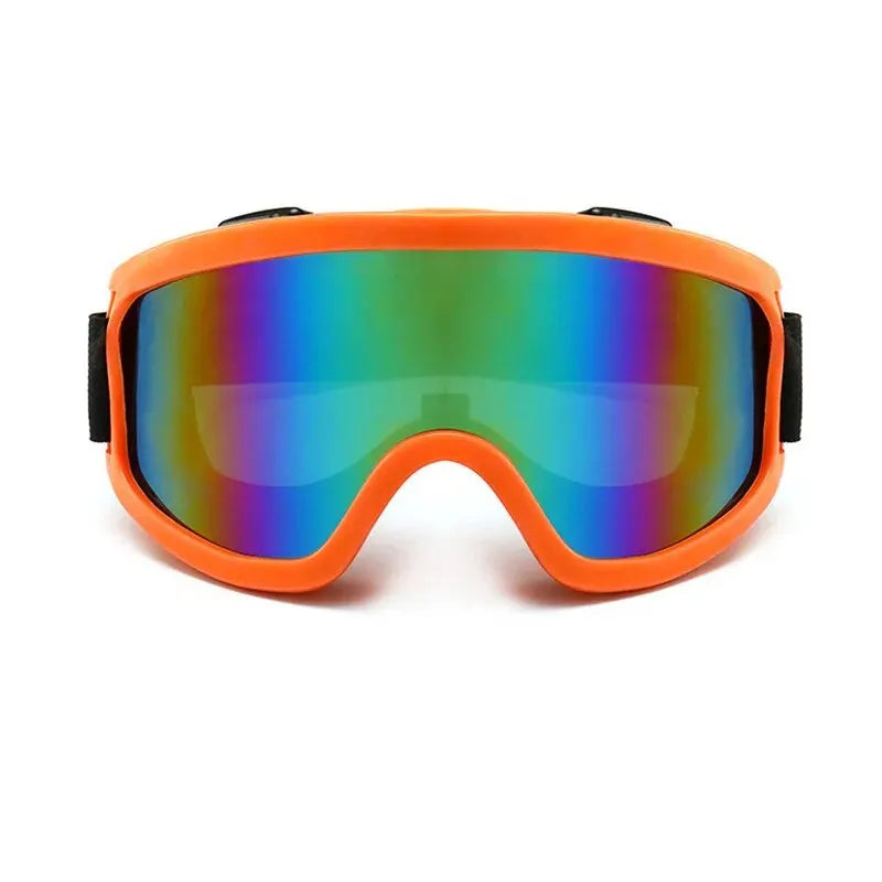 Orange protective sports goggles with iridescent mirror lens