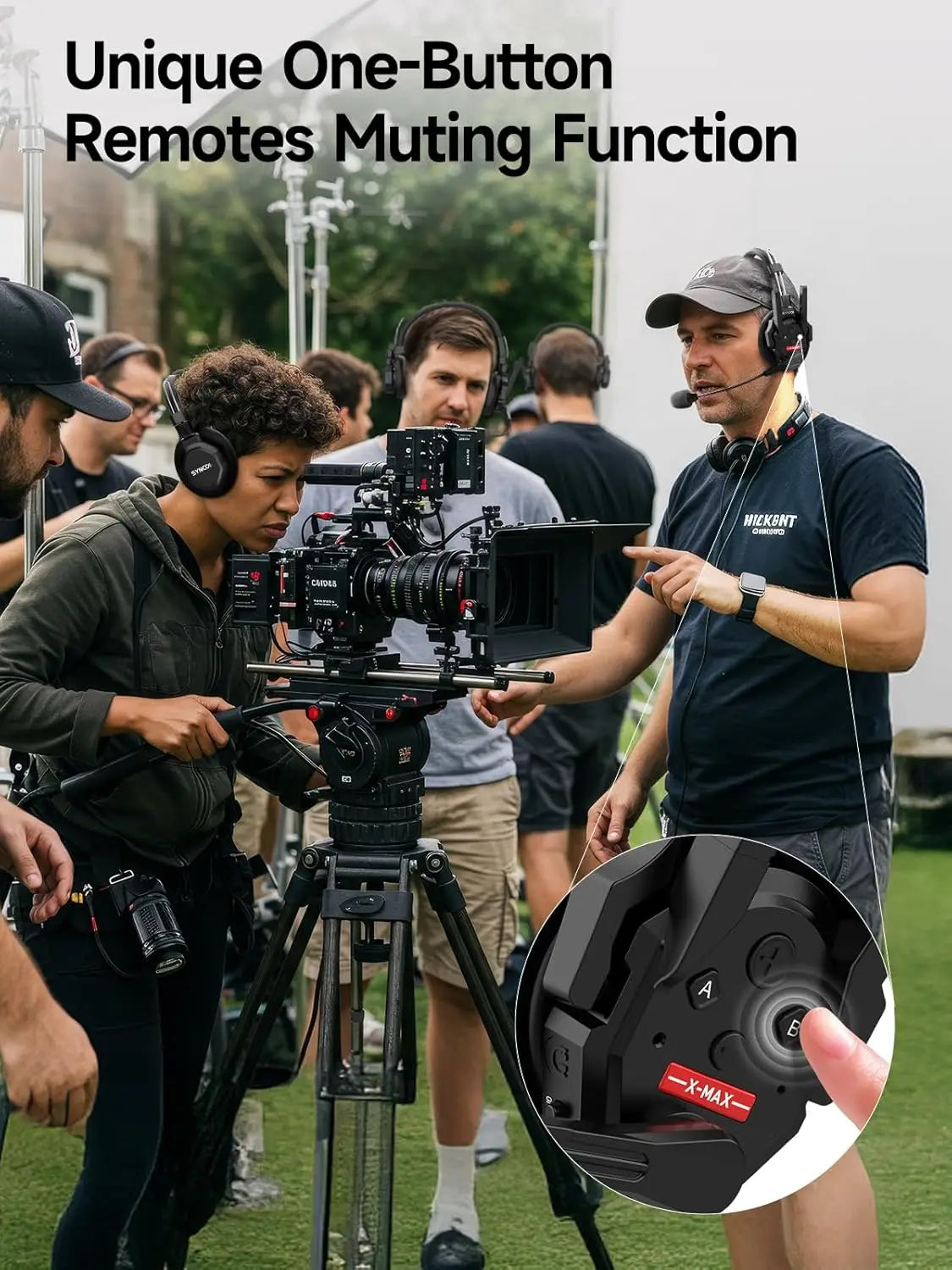 Camera operator using a wireless intercom headset while on a film set with a mute button close-up