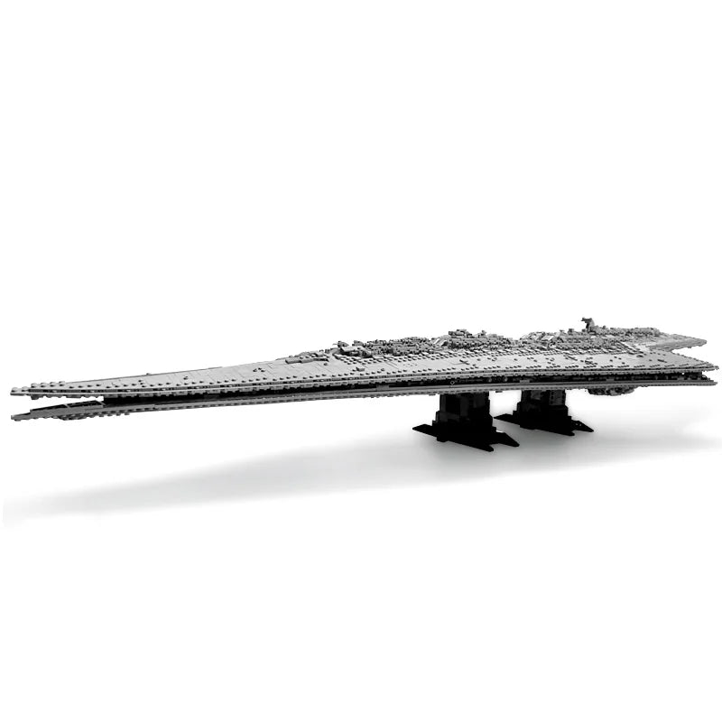 Side view of a large grey star dreadnought building block model on black stand