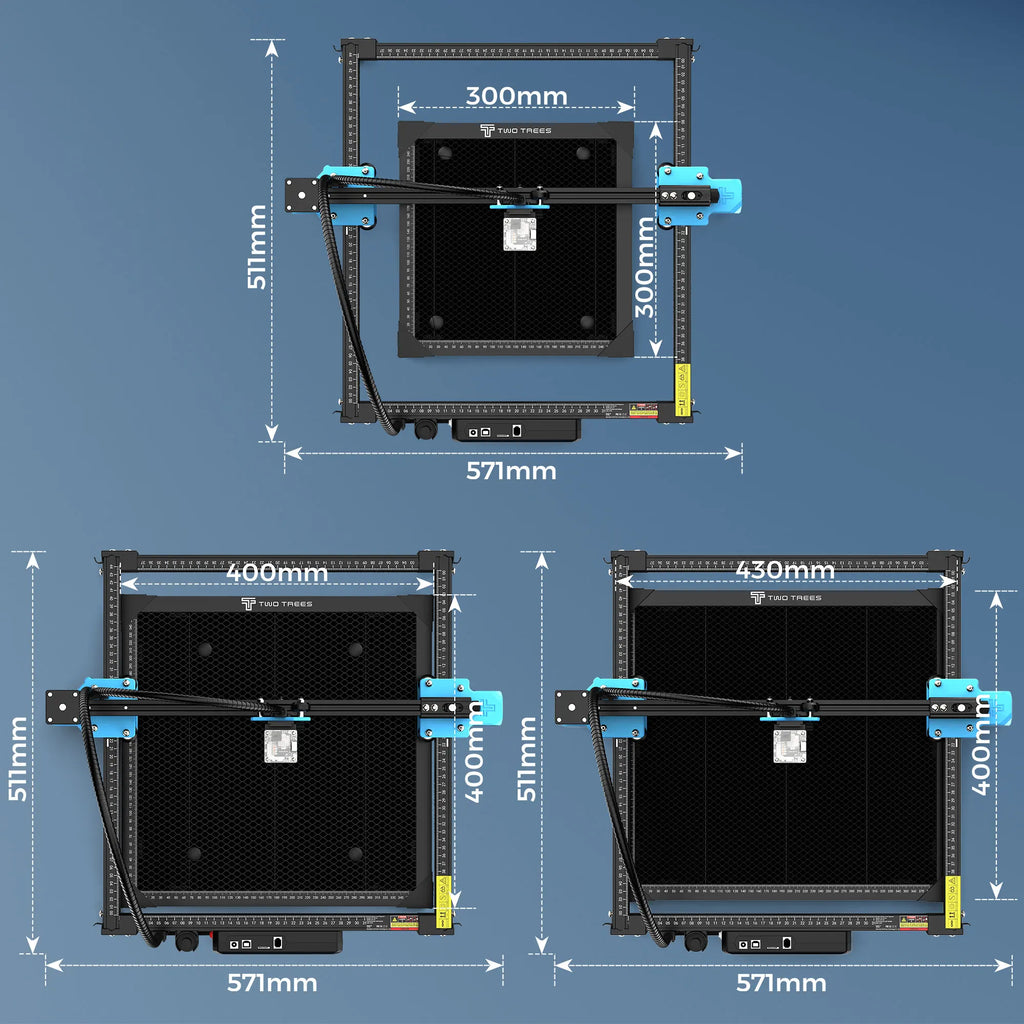 Three different sizes of laser engraving machine honeycomb bed setups with dimension labels.