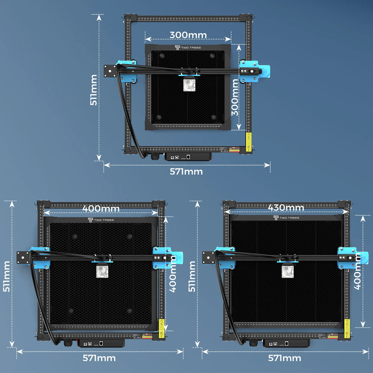 Three different sizes of laser engraving machine honeycomb bed setups with dimension labels.