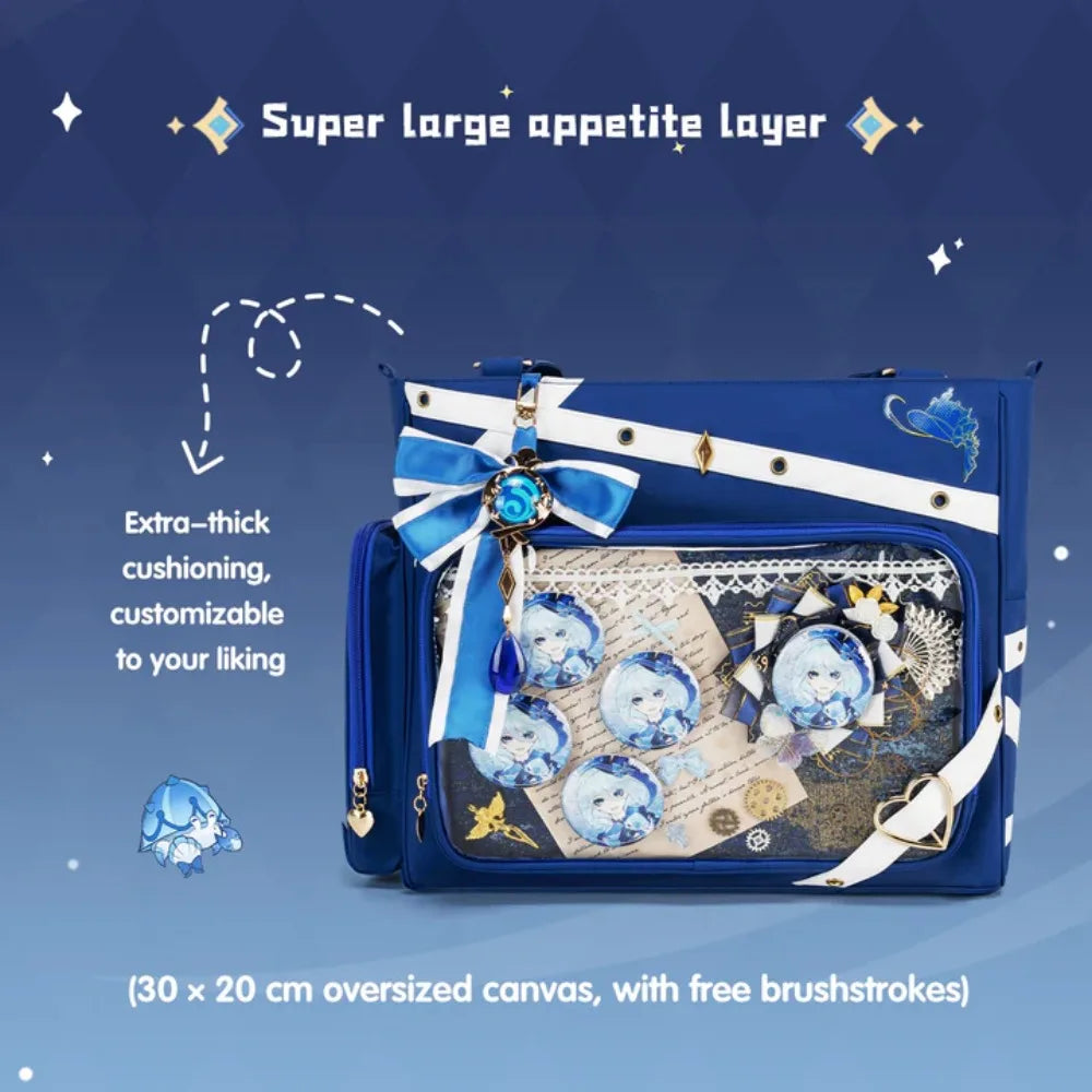 Blue tote bag with clear display pocket for merchandise, interior detail view
