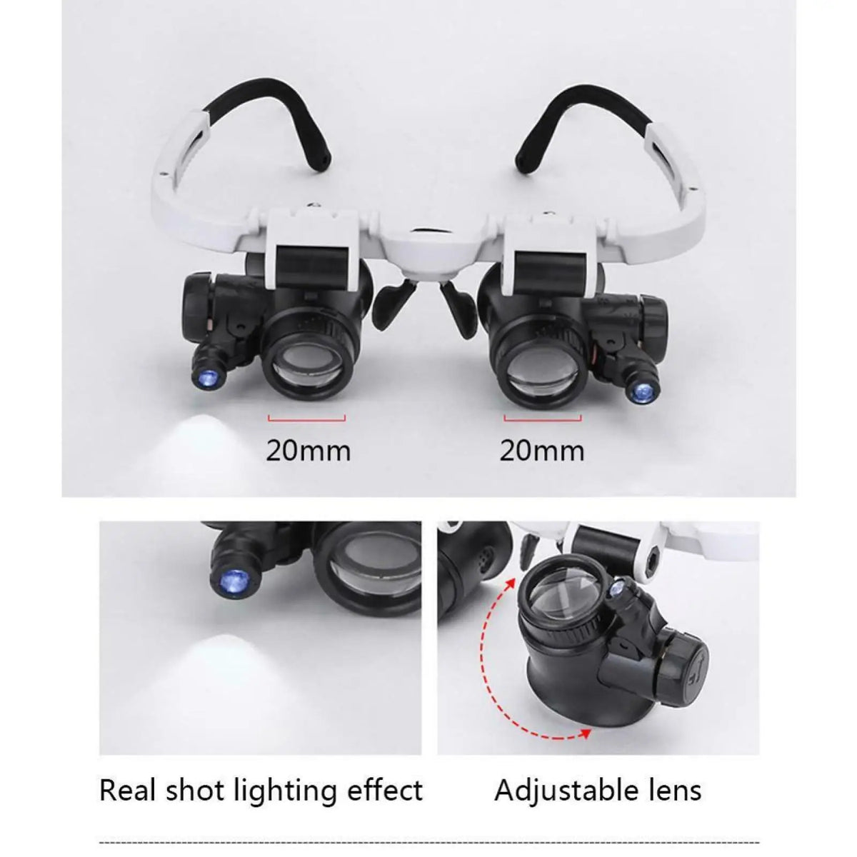 Head-mounted magnifier glasses showing lens dimensions and LED lighting effect