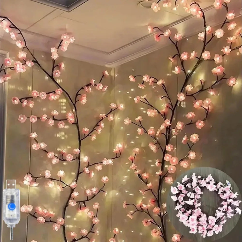 Cherry blossom vine LED fairy lights with USB plug and close-up detail of flowers