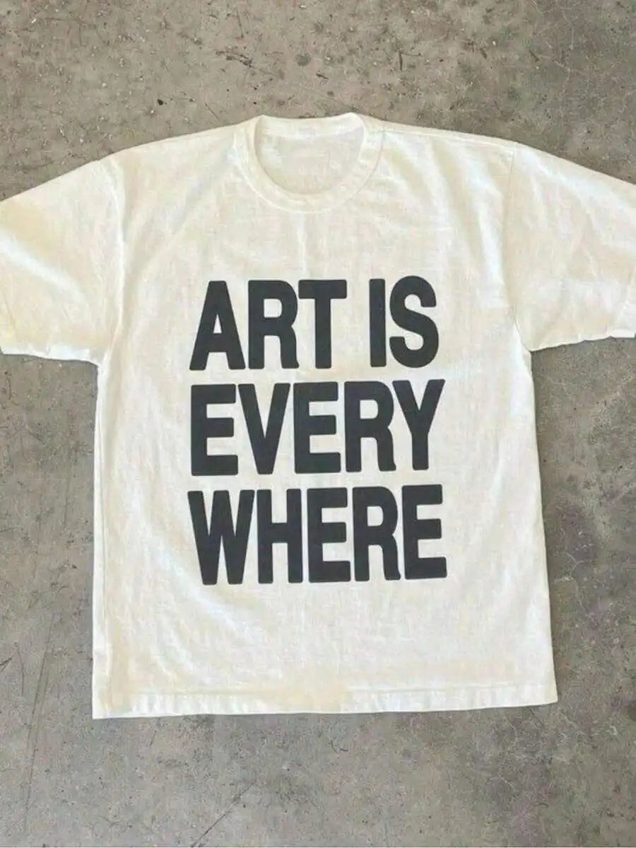 White short sleeve crew neck t-shirt with black ART IS EVERYWHERE text print on chest