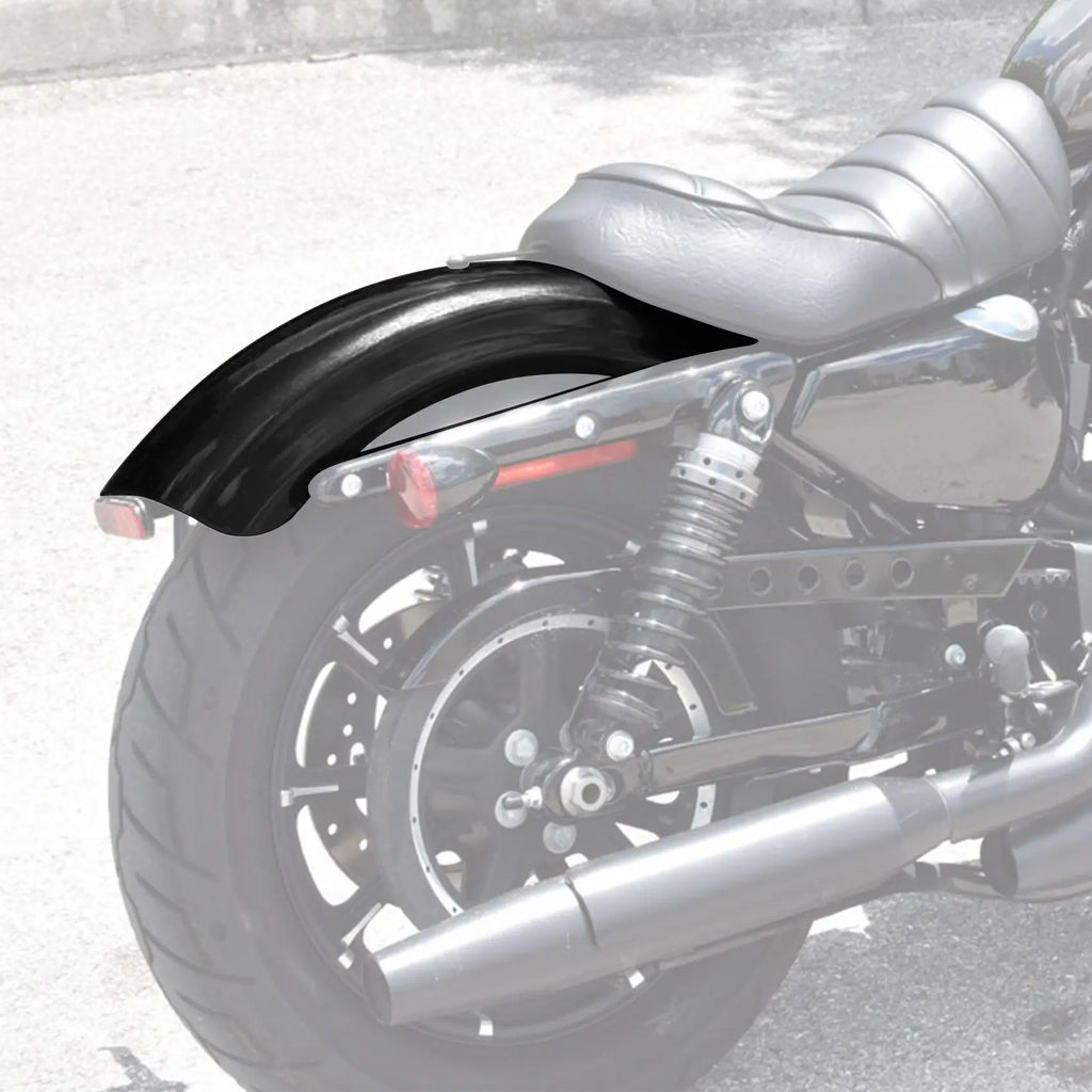 Black motorcycle rear fender installed on the back wheel of a cruiser bike