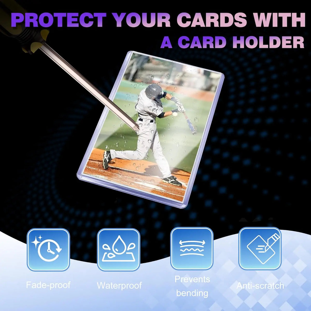 A baseball card held in a hard plastic protective sleeve being touched by a tool