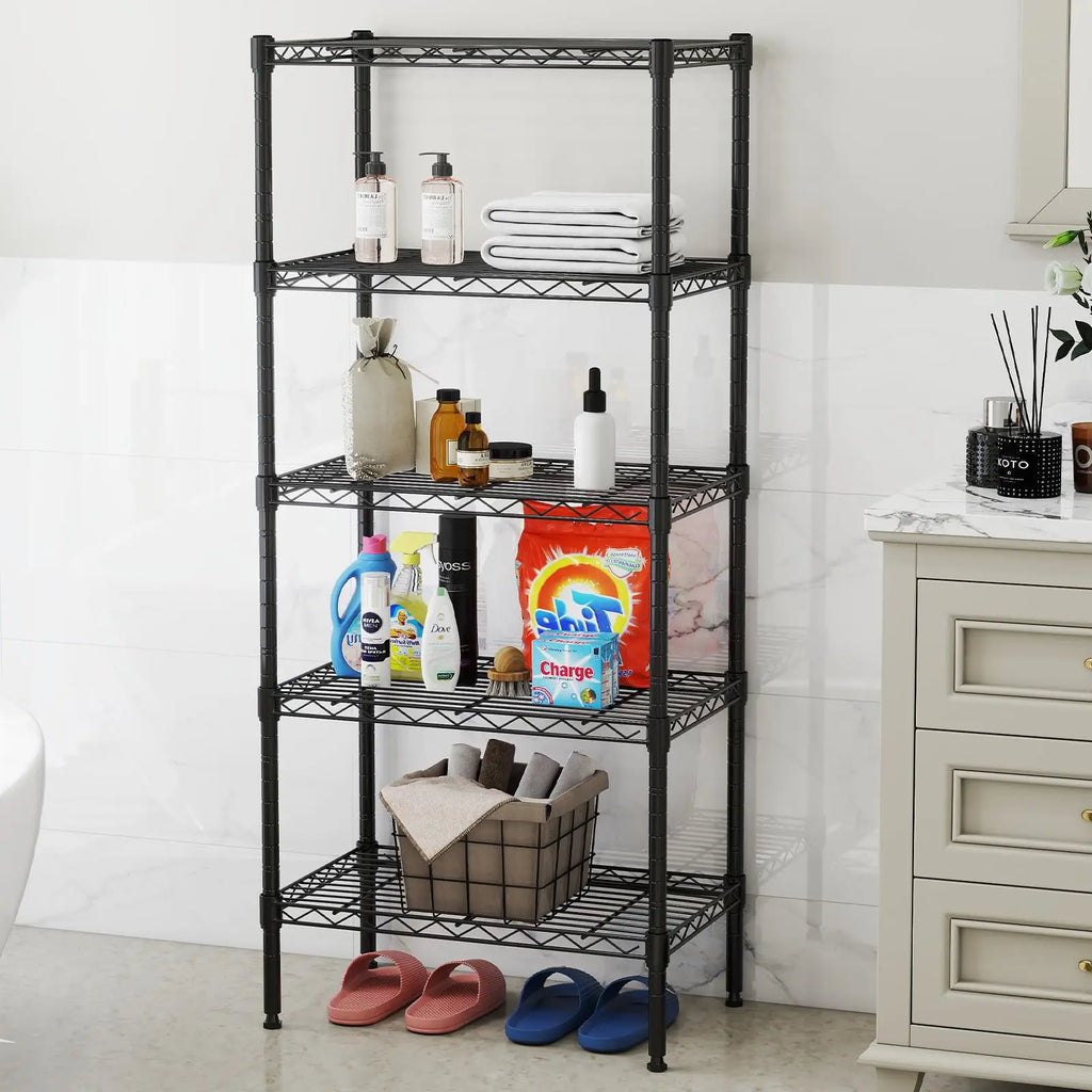 A 5-tier black metal wire storage rack filled with bathroom essentials, cleaning supplies, and folded towels.
