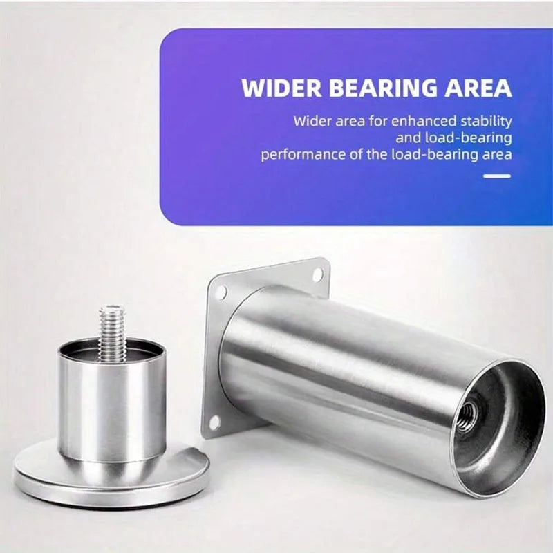Two stainless steel furniture legs demonstrating the square top mounting plate and cylindrical base