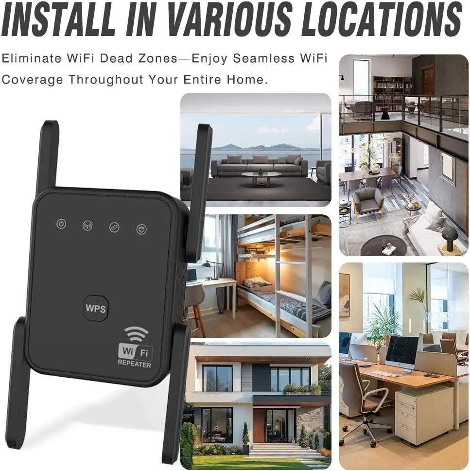 Wireless Wi-Fi signal range extender demonstrating use in various home locations