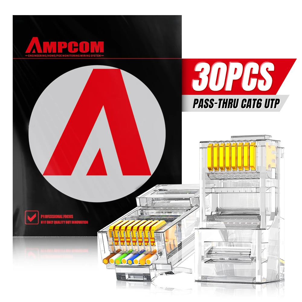 Ampcom CAT6 RJ45 Pass-Through Modular Plugs for Ethernet Cables – CAT6 UTP 30PCS