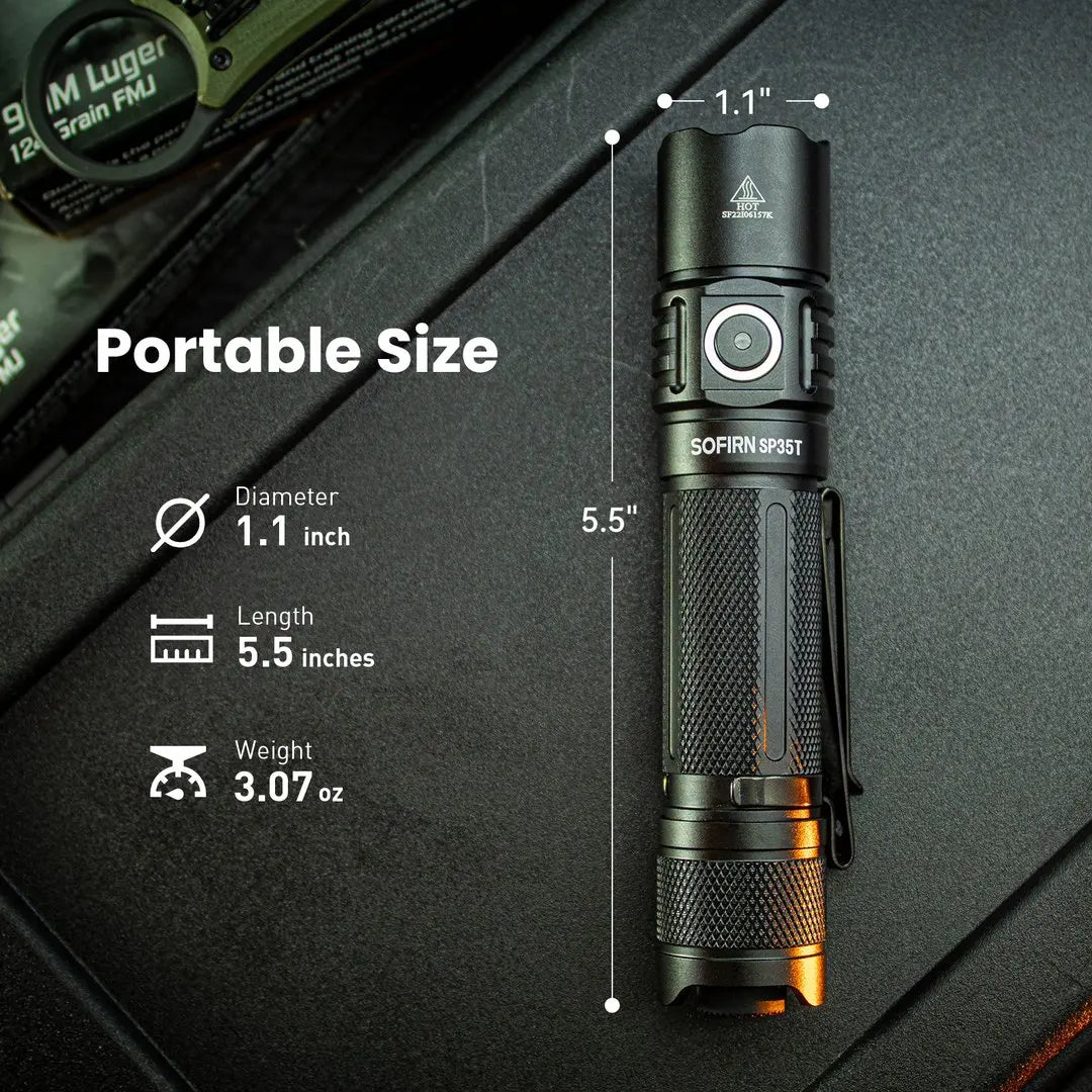 Black tactical LED flashlight showing physical dimensions of length, diameter and weight