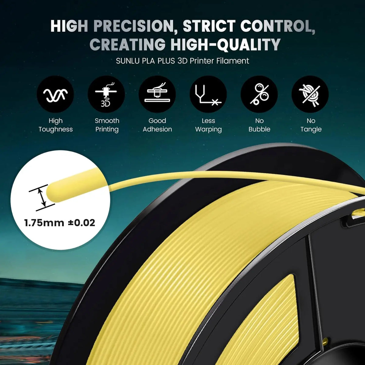 Features of 1.75mm diameter 3D printer filament including high toughness and good adhesion