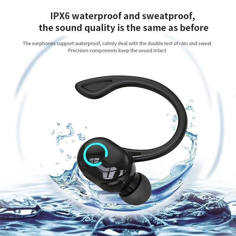 Black wireless Bluetooth headset with water splash effect, indicating waterproof design