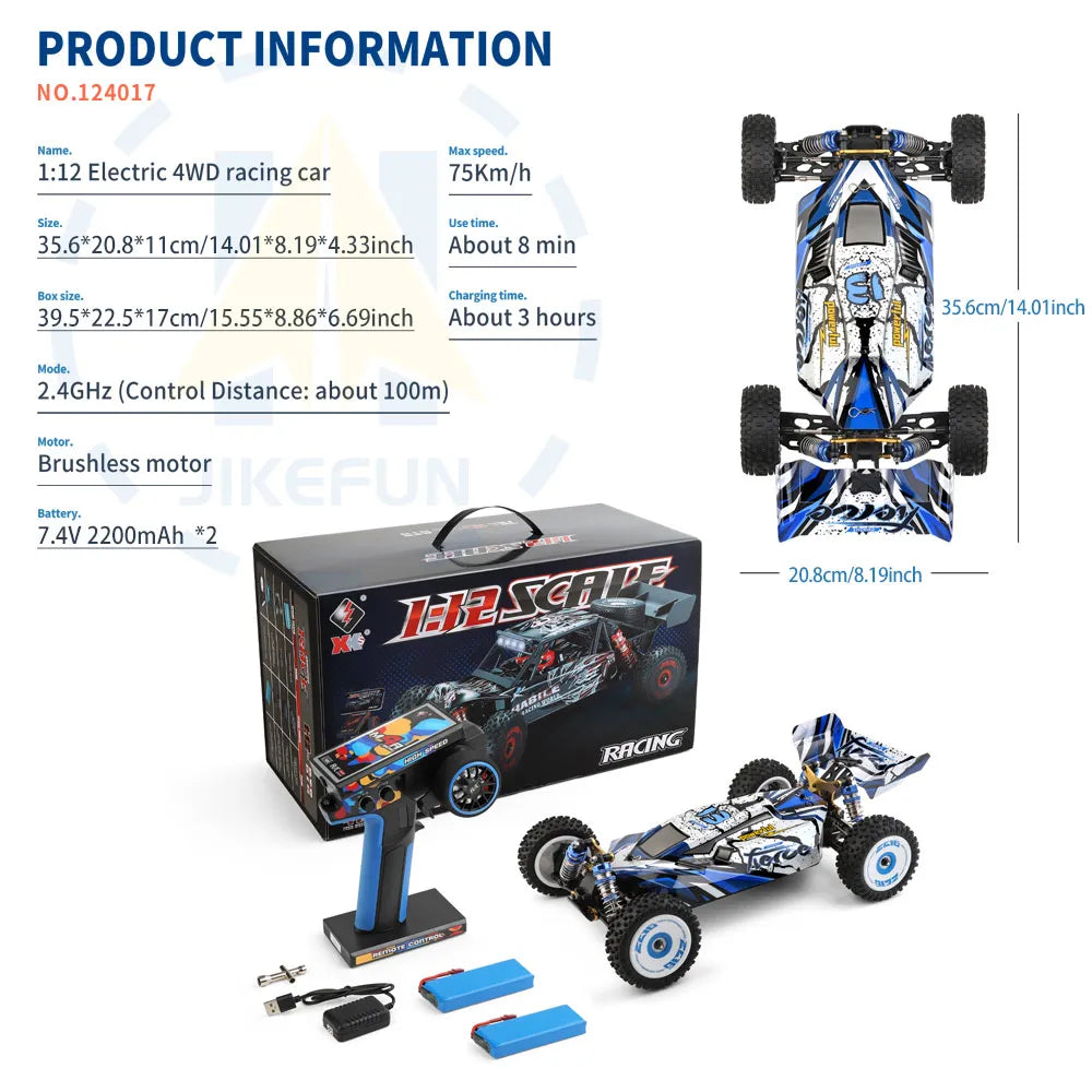 Technical specification infographic for a 1/12 scale 4WD remote control car including dimensions and parts