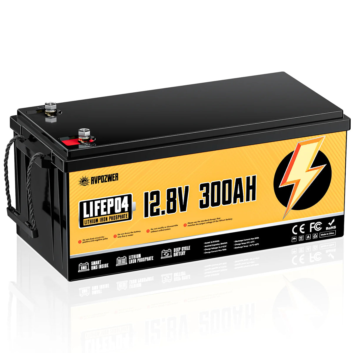 Rvpozwer 12V 300Ah LiFePO4 Lithium Battery 3840Wh with 200A BMS – 12V 300Ah