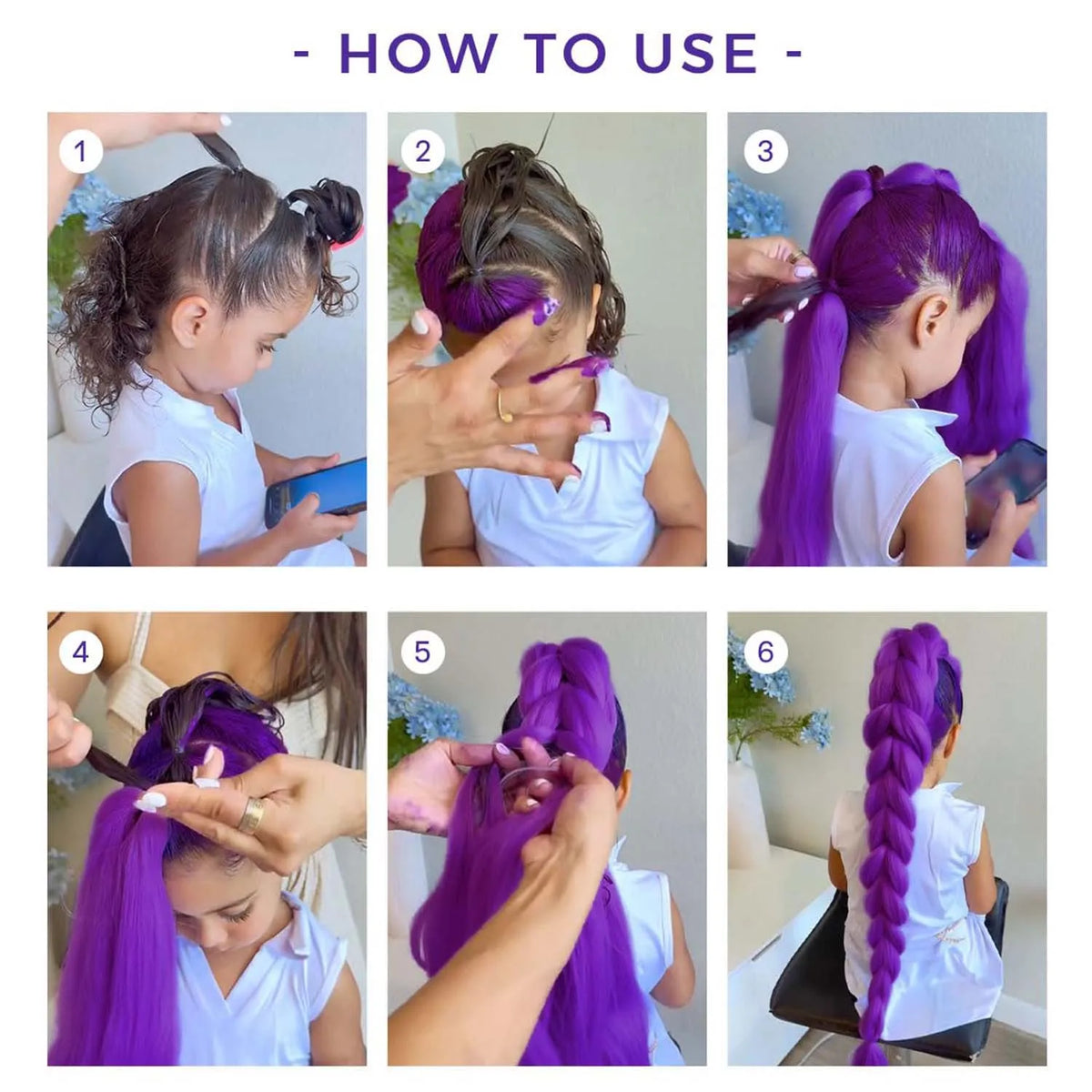 Step-by-step instructions on how to install purple braided hair extensions