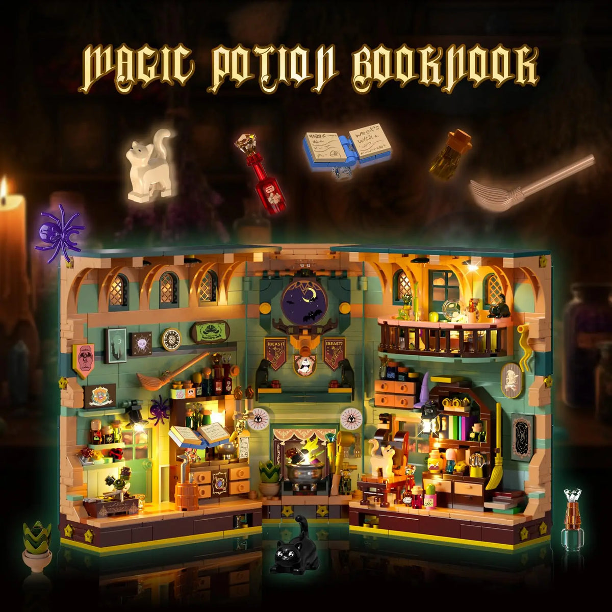 A magic potion booknook building set featuring a detailed miniature wizard room with warm lighting.