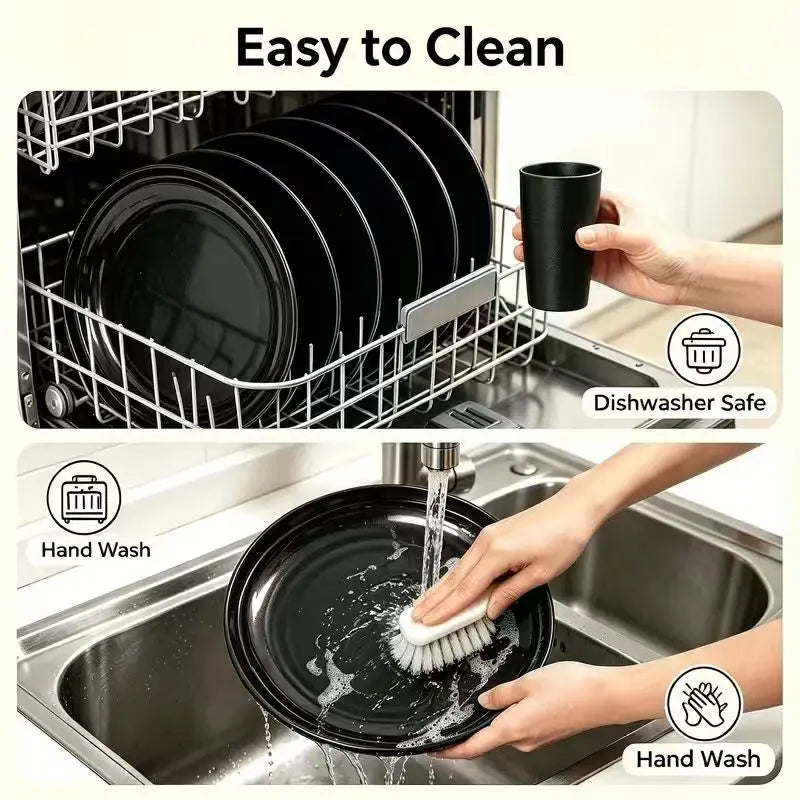 A set of black plates and cups being washed in a dishwasher and by hand, demonstrating easy cleaning.