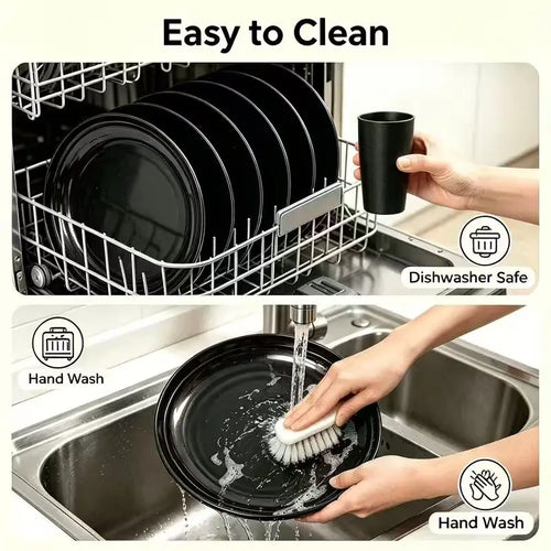 A set of black plates and cups being washed in a dishwasher and by hand, demonstrating easy cleaning.
