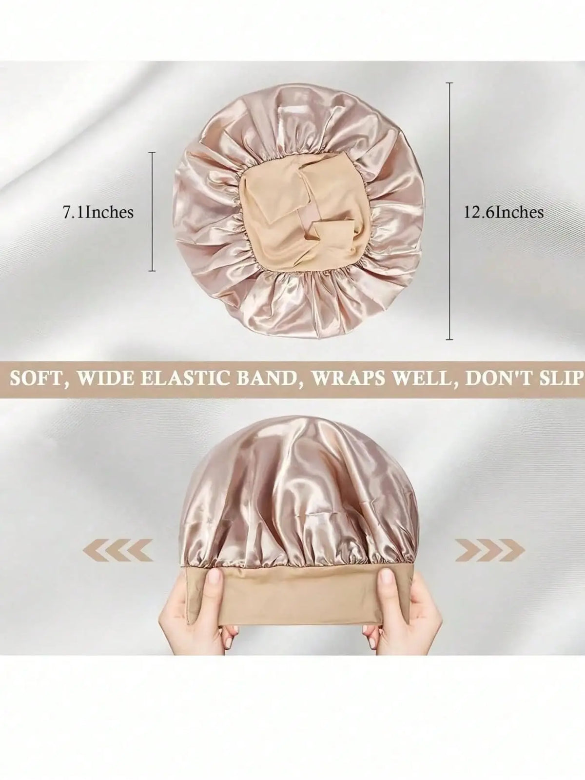A champagne-colored satin hair bonnet with measurement labels and showing the elastic band.